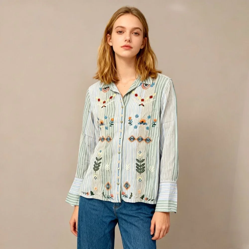 NWOT Johnny Was Silk Embroidered Floral Long Sleeve Stripe Top Shirt Blouse XL